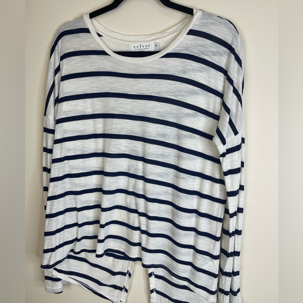 Velvet by Graham & Spencer Navy and White Striped Long Sleeve Top w/ split bac